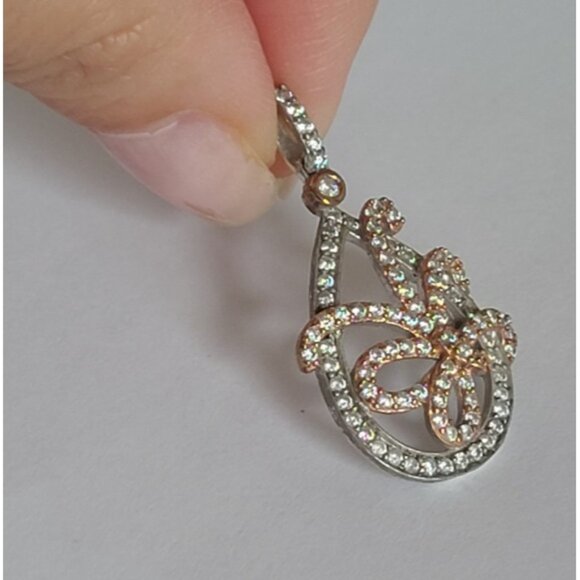 Sterling Silver Rose Gold Tone Crystal Butterfly Leaf Pendant - Picture 3 of 11